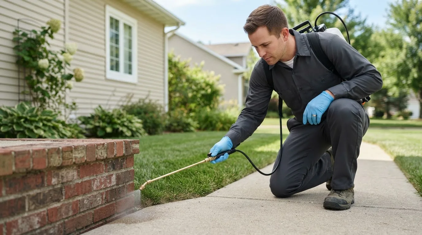 Pest control technician treating a home near Ellendale, MN