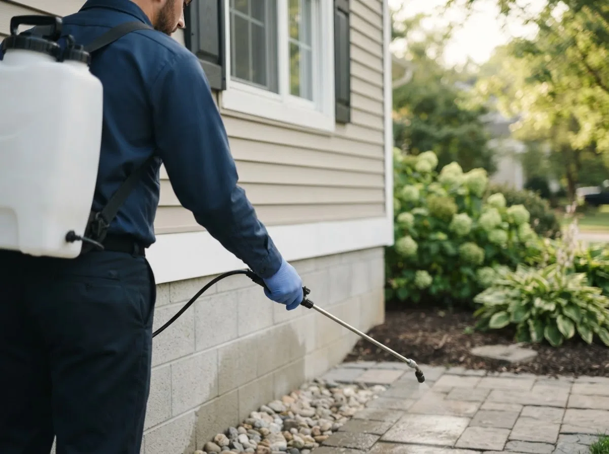 Pest control technician inspecting a home in Ellendale, MN